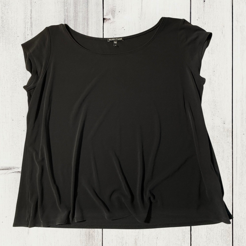 Eileen Fisher Silk Cap Sleeve Top Black Womens XL Minimalist Scoop Neck